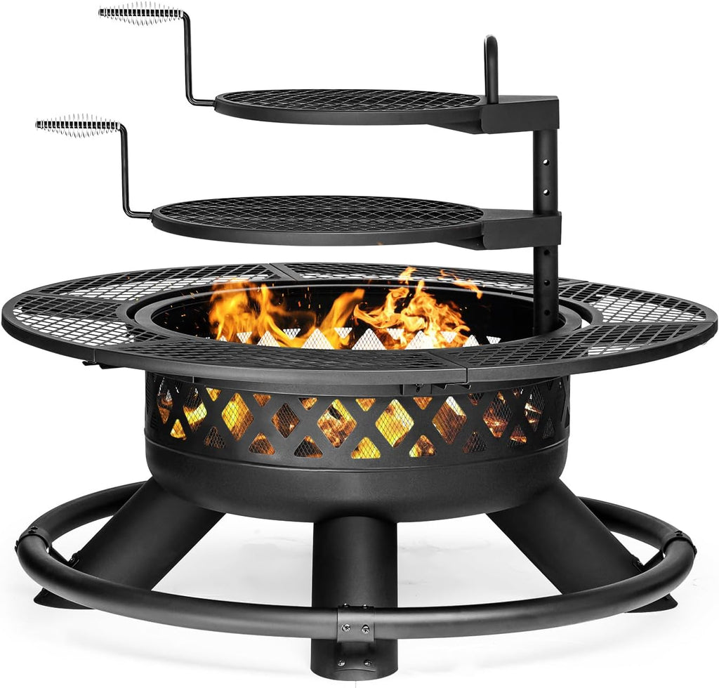 Panovue 47 Inch Outdoor Wood Burning Fire Pit with 2 Grills,Extra Large 3-in-1 Fire Pit with Metal Lid & Fire Poker, Heavy Duty BBQ Firepits for Outside, Backyard, Bonfire, Patio & Party (47'' Black)
