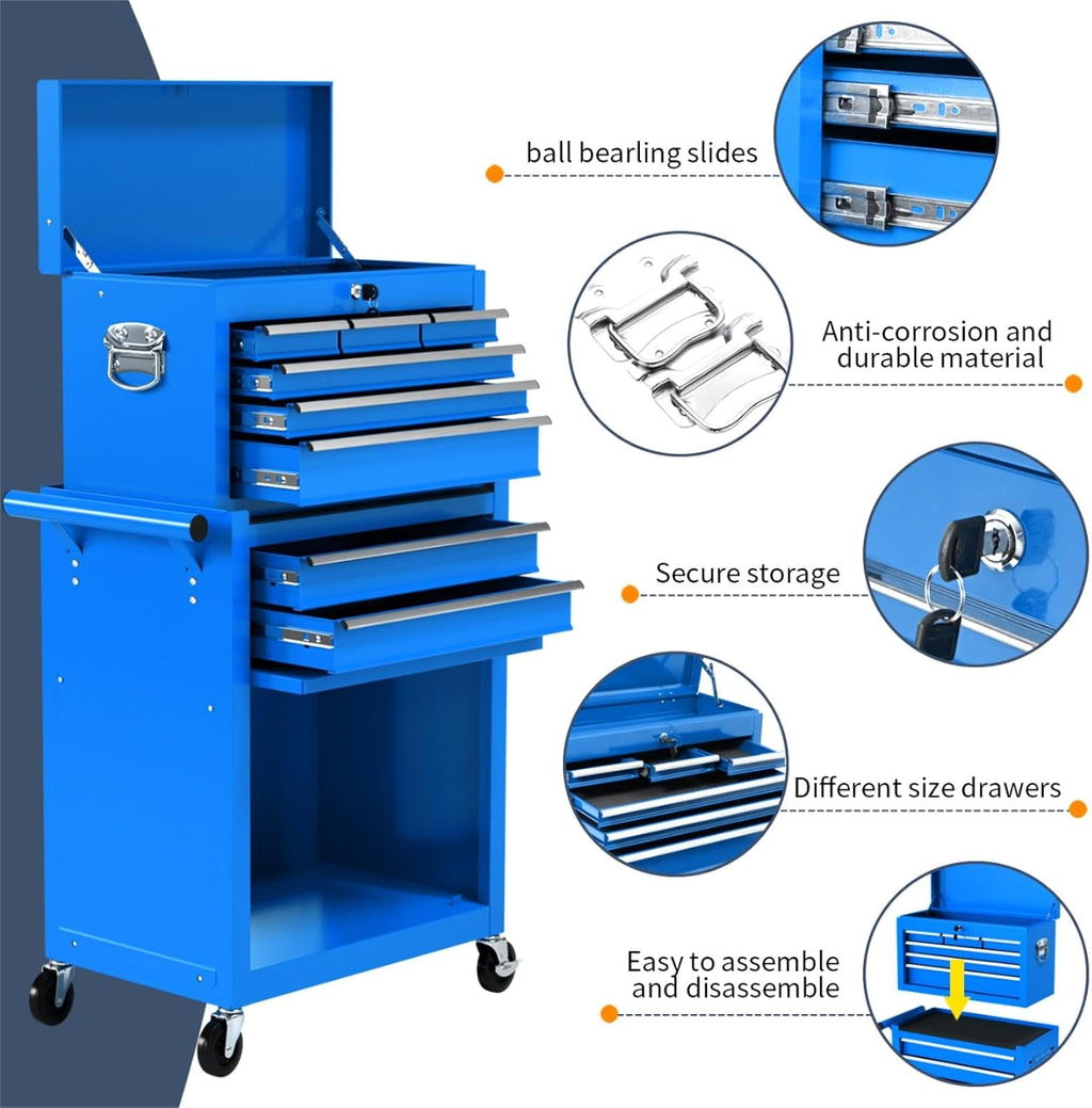 8-Drawer Rolling Tool Box, Lockable Rolling Tool Chest with Wheels and Drawers, 2 in 1 Large Capacity Storage Tool Cabinet for Warehouse, Garage, Tool Room and Repair Shop (Blue)
