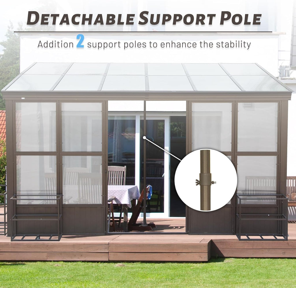 12x14ft Enclosed Gazebo Sunroom, Sunroom Kit, Outdoor Permanent Houses with Detachable Polycarbonate Windows, Lean to Gazebo Sun Room with 2 Lockable Sliding Doors