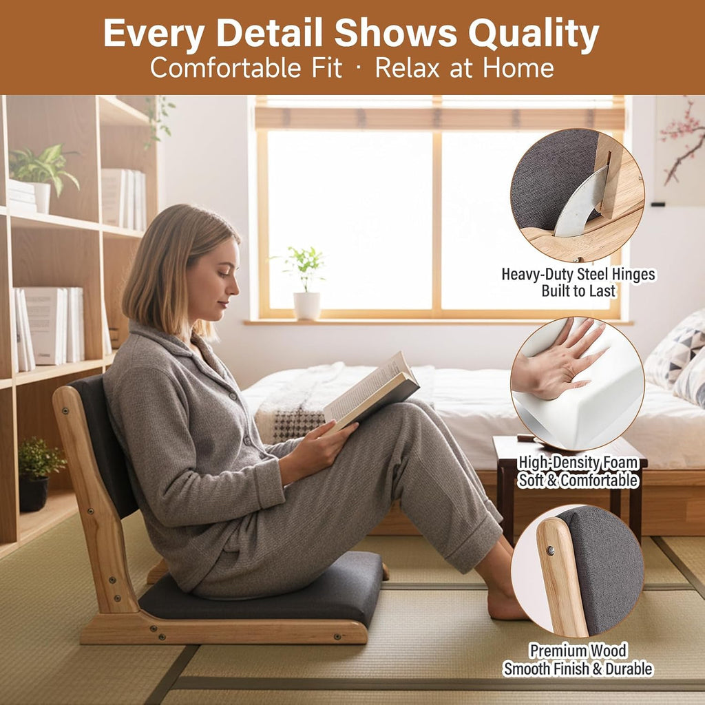 Tiita Floor Chair with Back Support, Foldable Meditation Tatami Chairs, Backrest Chair with Cushion, Living Room Chair Seat 2 Pack, Wood Dark Grey