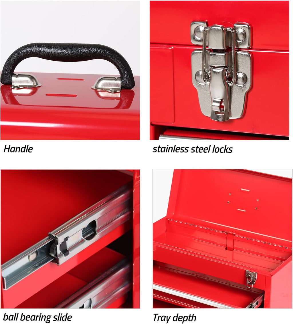 Portable Metal Tool Box with 4 Drawers, Ball Bearing Slides, Lid Interlock Lock, Heavy Duty Steel Tool Chest Cabinet for Garage, Workshop, Home Tool Storage Organizer, Red(X4 Red)