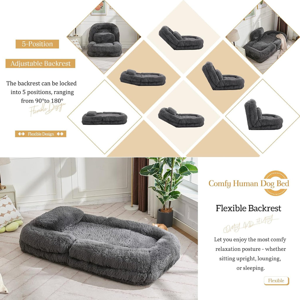 Adjustable Plush Human Dog Bed Lounger for Adult, 5-Position Foldable Lazy Lounge Sofa, Large Size Bean Bag Chair with Pillow, Folding Floor Chair for Living Room, Bedroom, Gaming Room, Dark Gray