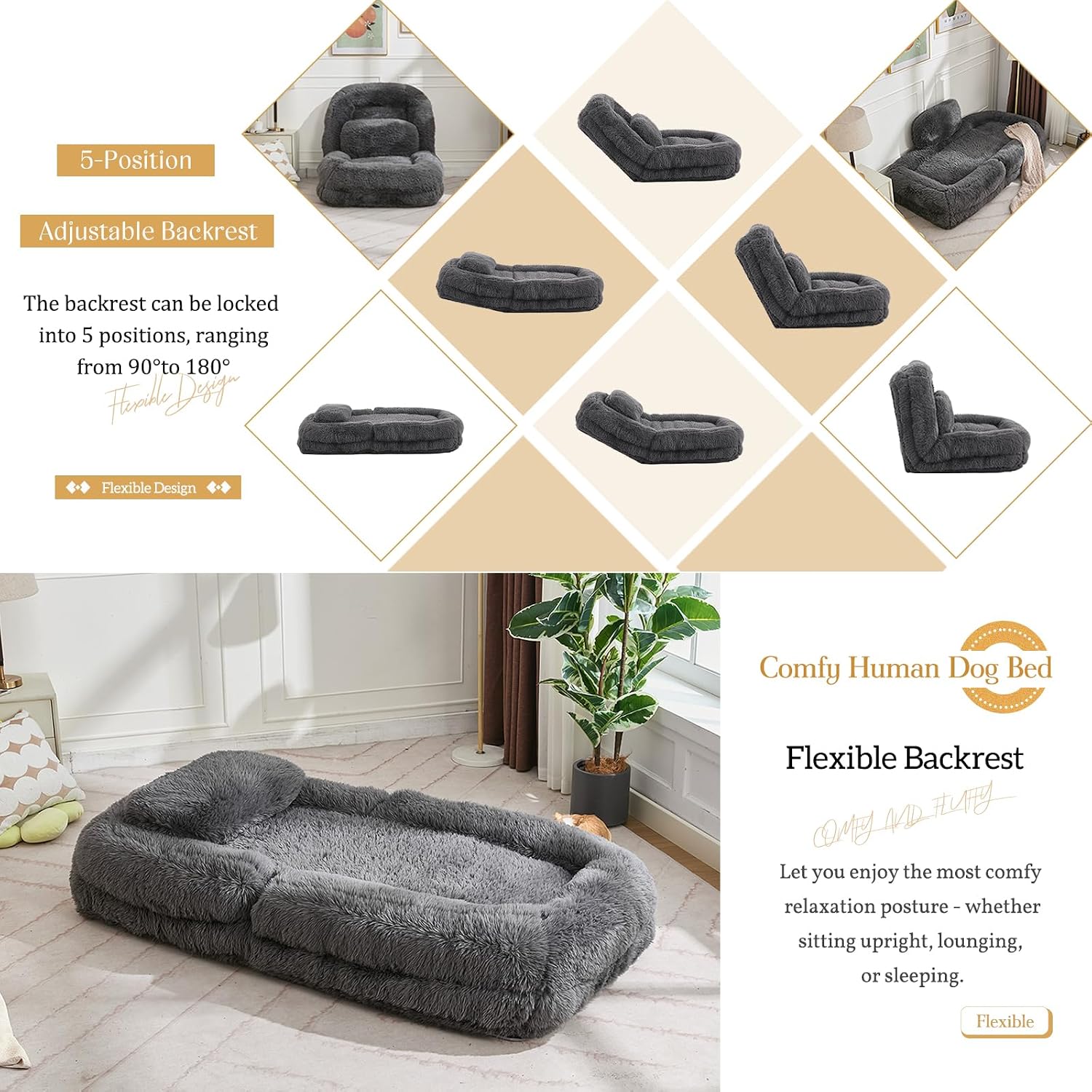 Adjustable Plush Human Dog Bed Lounger for Adult, 5-Position Foldable Lazy Lounge Sofa, Large Size Bean Bag Chair with Pillow, Folding Floor Chair for Living Room, Bedroom, Gaming Room, Dark Gray
