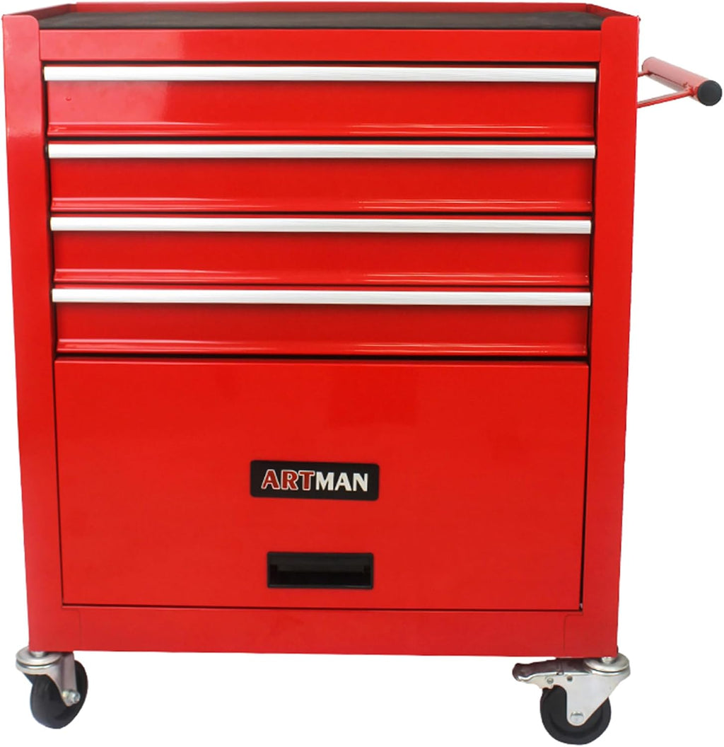 Campfun 4-Drawer Rolling Tool Cart, Metal Tool Storage Organizer Cabinet with Interlock System and Wheels, Multifunctional Mechanic Tool Chest for Garage, Warehouse, Workshop Repair Shop, Red