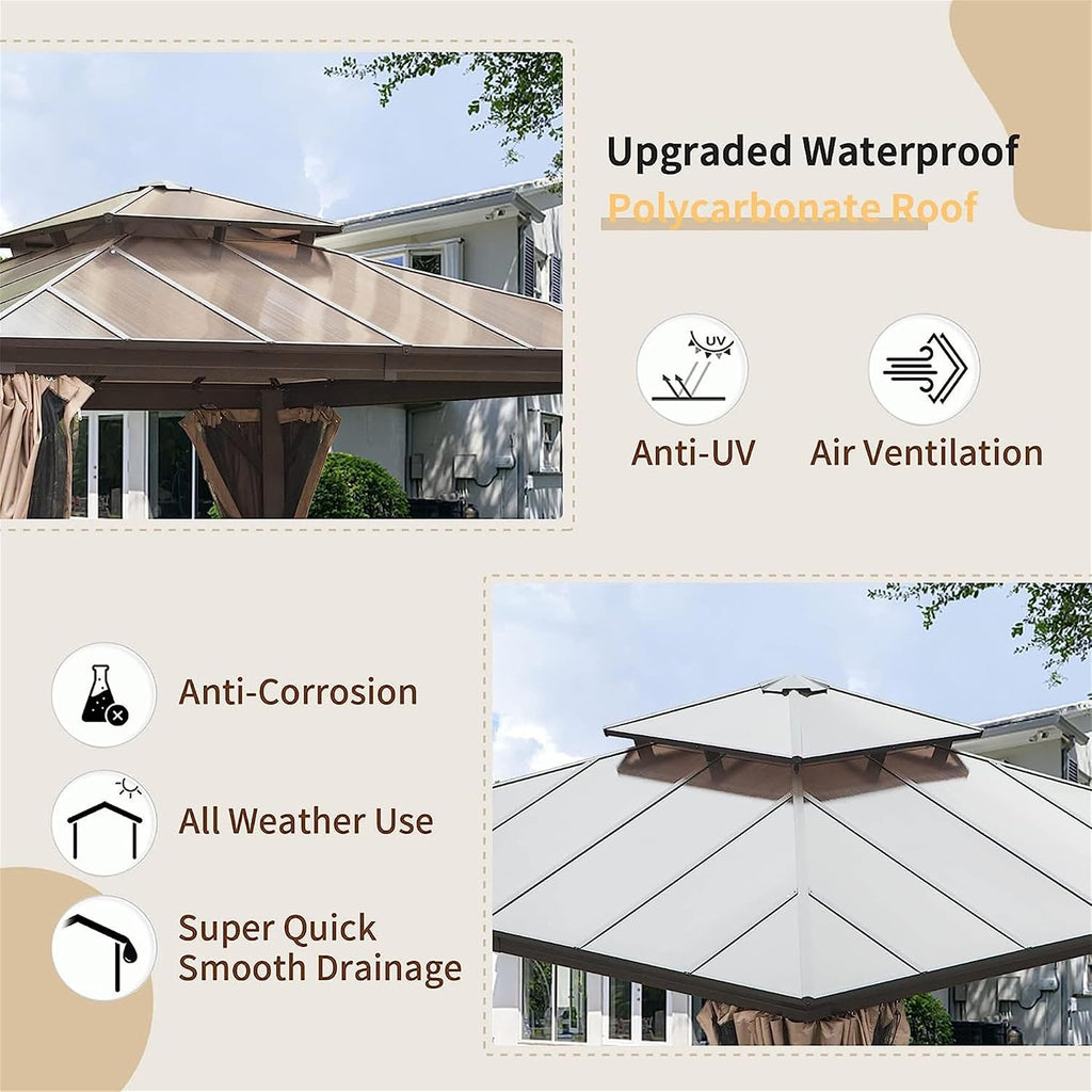12x12Ft Hardtop Gazebo Outdoor Patio Gazebos with Polycarbonate Double Roof Aluminum Frame Pavilion with Curtain and Netting for Garden Patio Lawns Deck Backyard, Brown
