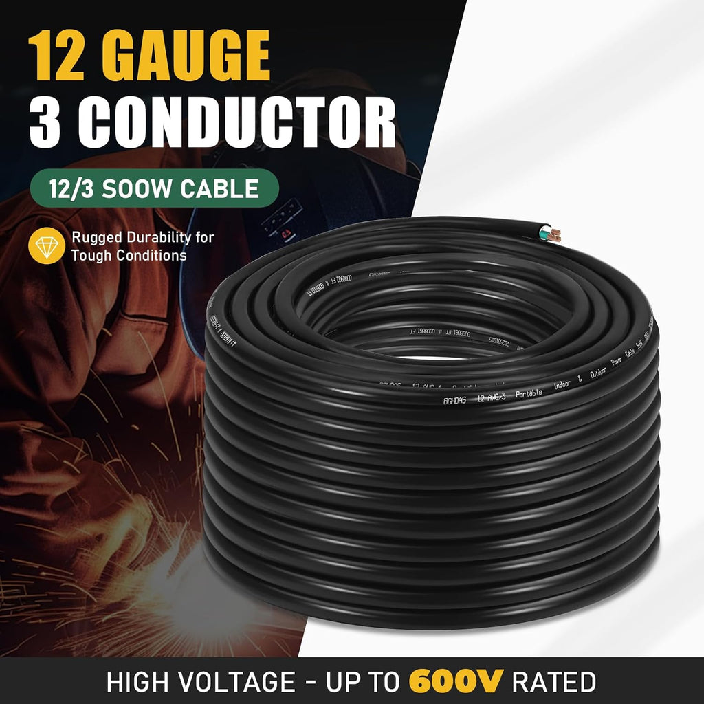 100ft 12/3 12 AWG Portable Power Cable (3 Conductor) - SOOW 600V 12 Gauge Electric Wire for Generator, Portable Lights, RV/EV Car Battery Chargers and Machinery - 100 Feet Electrical Cord