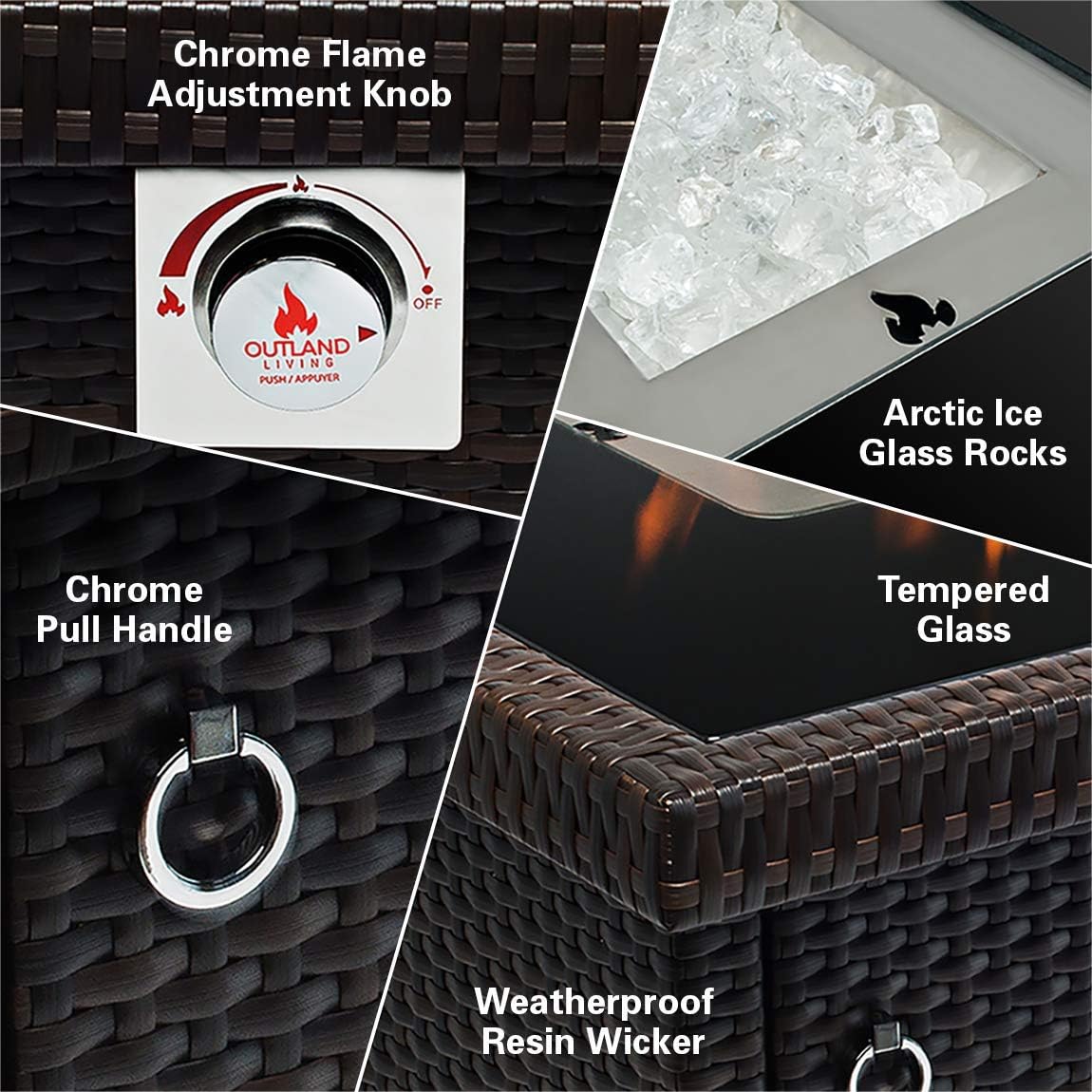 Outland Living Series 403 Fire Table – 44' 50,000 BTU Outdoor Propane Gas Fire Pit Table with Tempered Glass Top & Arctic Ice Decorative Glass Rocks, Espresso Brown