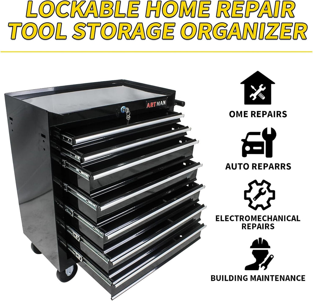 7-Drawer Rolling Tool Chest with 7-Drawer Tool Box with Wheels Multifunctional Tool Cart Mechanic Tool Storage Cabinet for Garage, Black