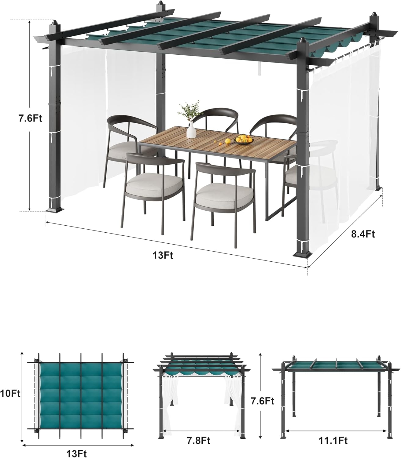 10x13 Ft Retractable Outdoor Pergola with Canopy and Side Mesh, Upgraded Gray Aluminum Pergola, Modern Pavilion for Backyard, Patio, Porch, Grape Trellis, Blue+White
