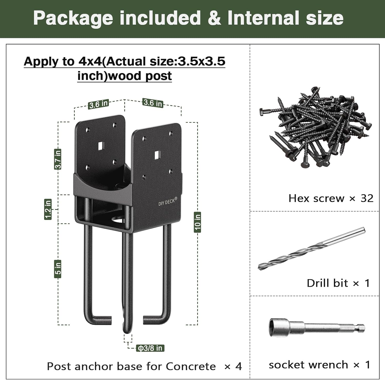 4Pack Heavy Duty Stainless Steels U-Shape Wet Concrete Fence Wood Post Holder 4'x4' (Actual 3.5 'x3.5) Base Anchor Bracket with Air Flow Channel for Terrace, Fences, Gazebo[Patent Pending]