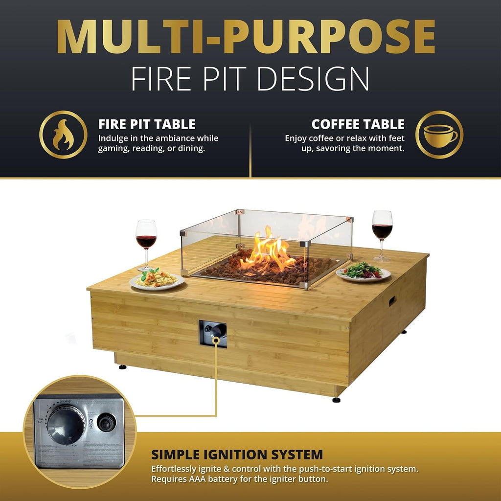 43' Gas Fire Pit Table with Propane Tank Cover Table Wood Grain Design Square Includes Lava Rocks and Weatherproof Cover for Outdoor Patios Parties Garden 50,000 BTUs CSA Certified