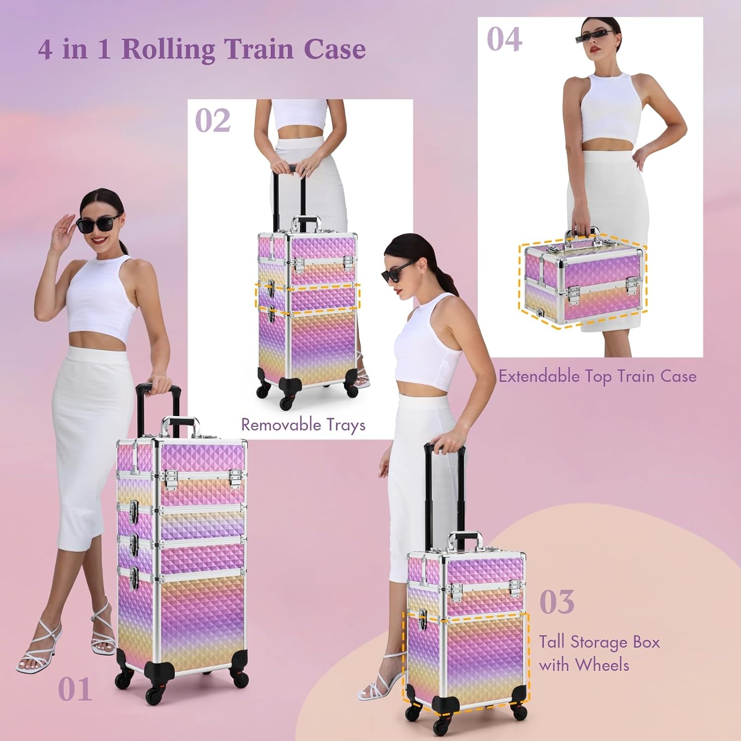 Yueieoun Makeup Case on Wheels, Rolling Train Case, 4-in-1 Makeup Trolley, Cosmetic Cases Makeup Travel Cart with Key for MUA, Hairstylists, Nail Tech, Gradient Purpple