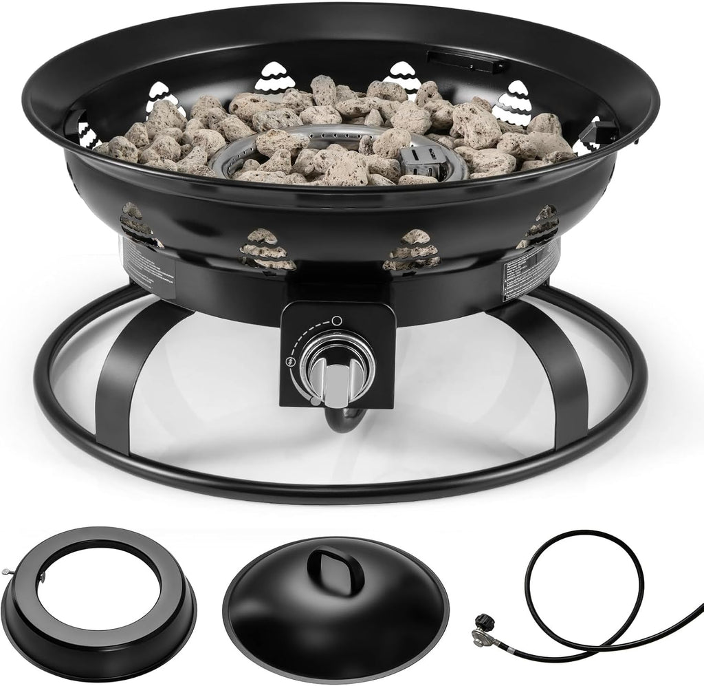 Tangkula Propane Fire Pit, 21 Inch Diameter Patio Portable Fire Bowl with Cover, Igniter & Tank Base Holder, 58,000 BTU Outdoor Gas Firepit with Lava Rock for Camping, Patio