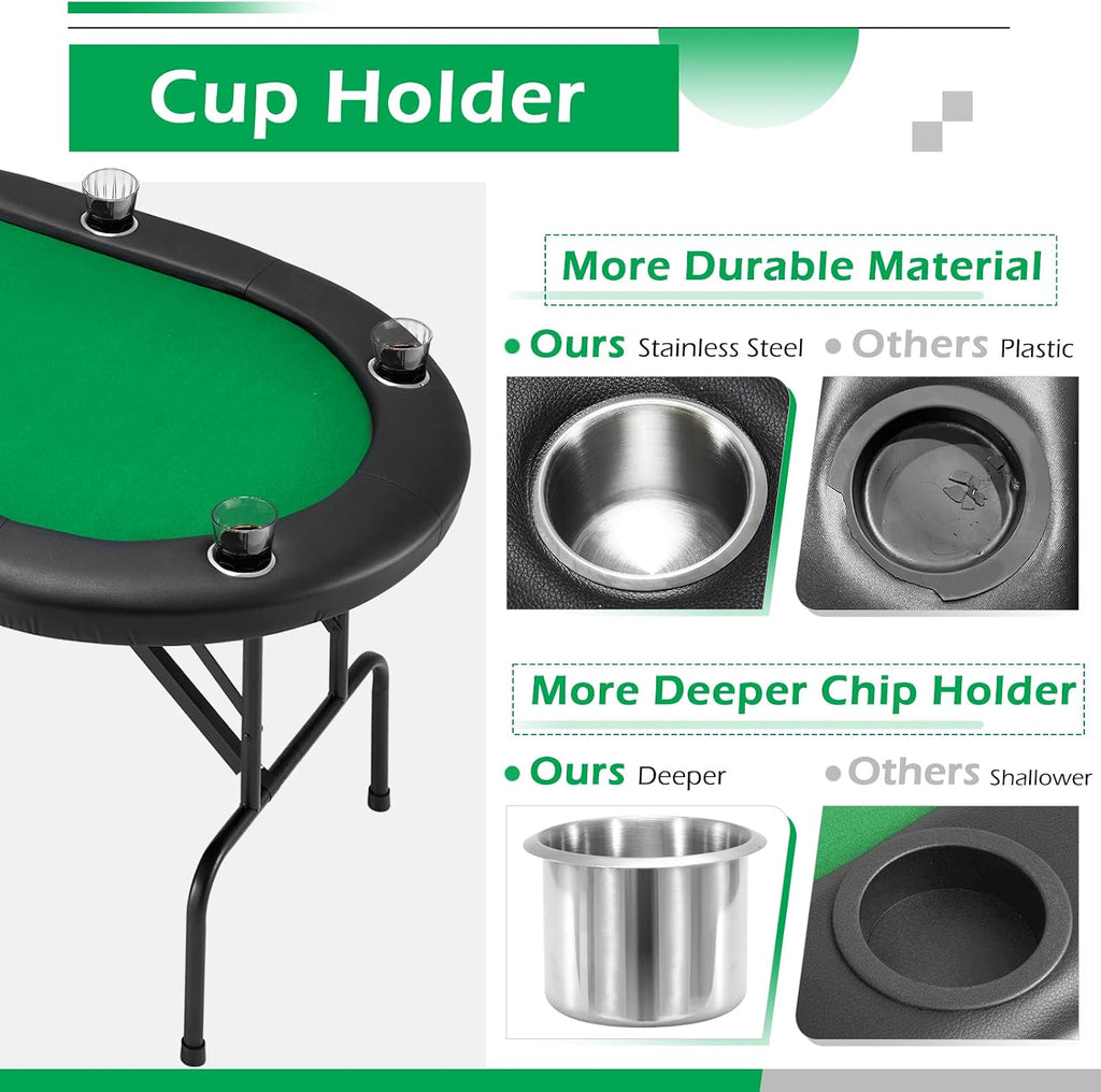 ECOTOUGE Foldable Poker Table, 8-Player Blackjack Texas Holdem Table w/Stainless Cup Holder, Folding Oval Gaming Table with Portable Oxford Bag for Casino Game, No Assembly Required, Green