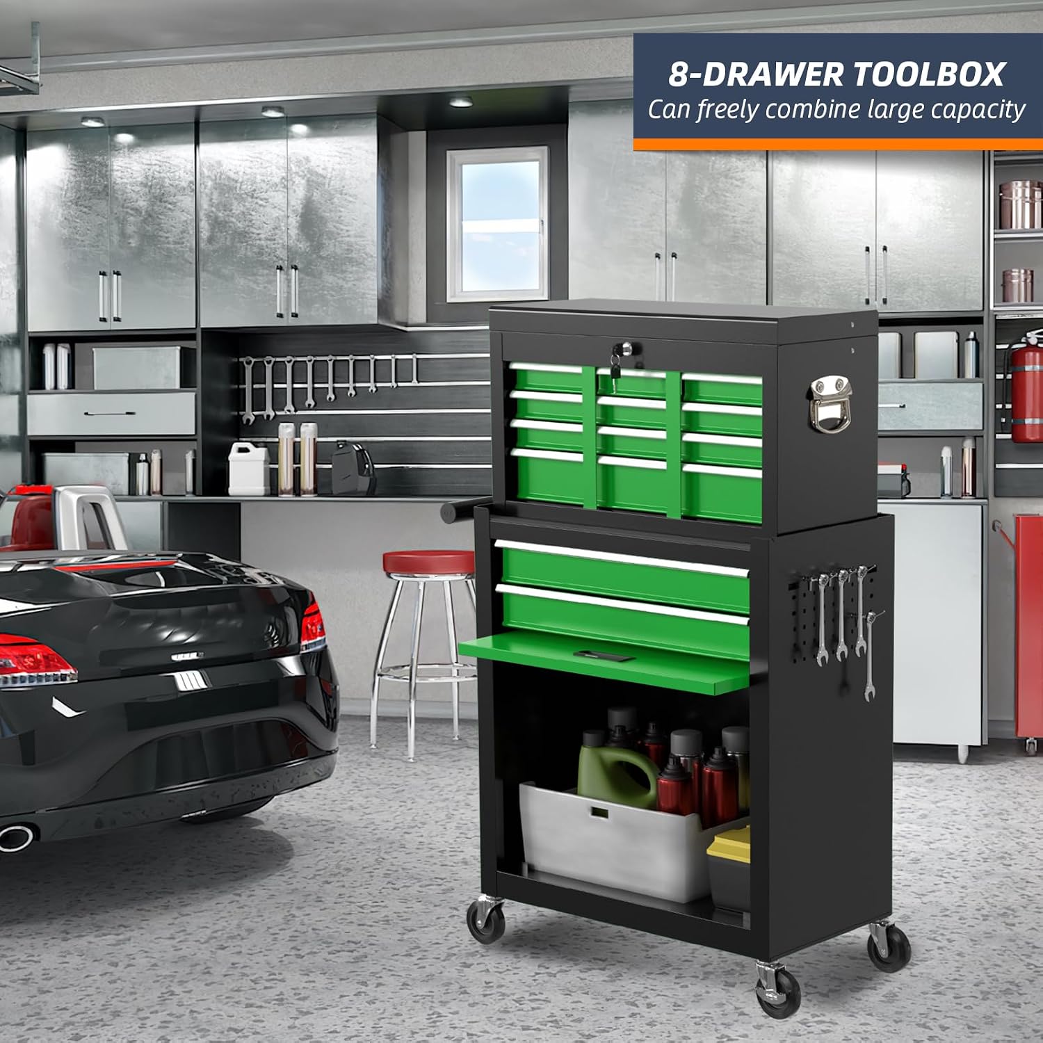 8-Drawer Rolling Tool Box, Lockable Rolling Tool Chest with Wheels and Drawers, 2 in 1 Large Capacity Storage Tool Cabinet for Warehouse, Garage, Tool Room and Repair Shop (Black&Green)