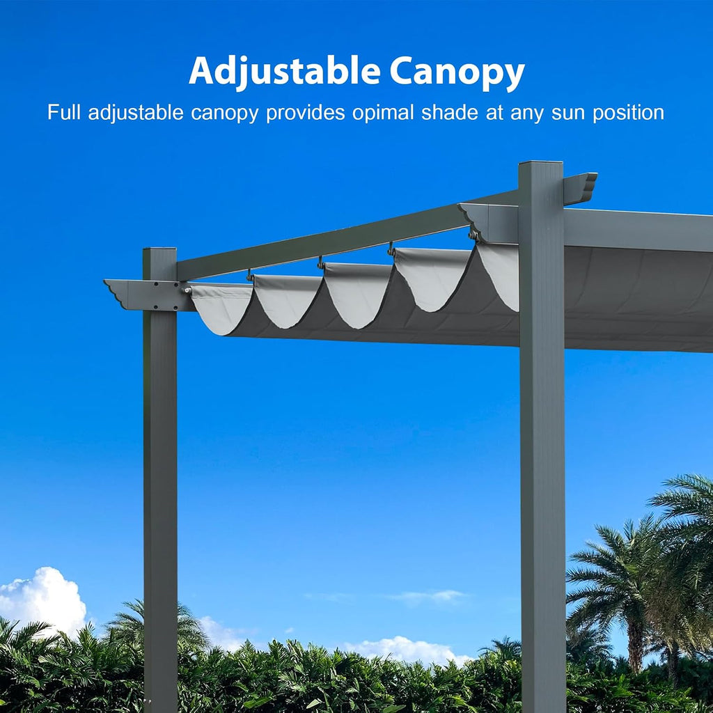 Aoodor 10 x 10 ft Outdoor Pergola with Retractable Shade Canopy, Matte Aluminum Frame, 4 Roller Shade Curtains, Grape Trellis for Patio, Backyard, Garden, and Deck, Grey