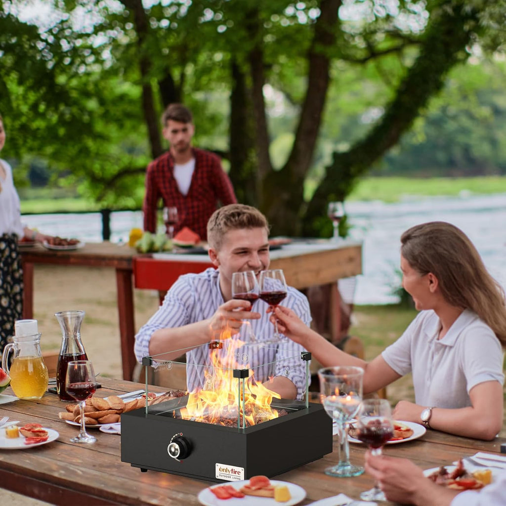 15.7' Portable Propane Gas Fire Pit Side-Mounted, Modern Tabletop Fireplace Smokeless Firepit with Glass Wind Guard for Patio Camping RV Tailgating, 23000BTU, Squre FP040
