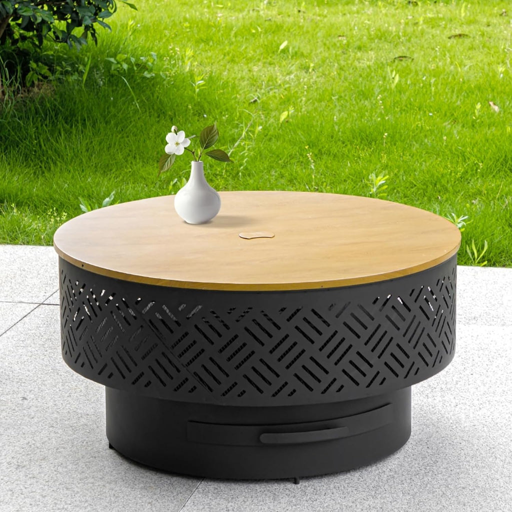 OutVue 32' Wood Burning Fire Pits with Grill & Lid, Fire Pit Table for Outside with Waterproof Cover & Fire Poker, Outdoor Firepit with Functions for BBQ,Table and Bonfire