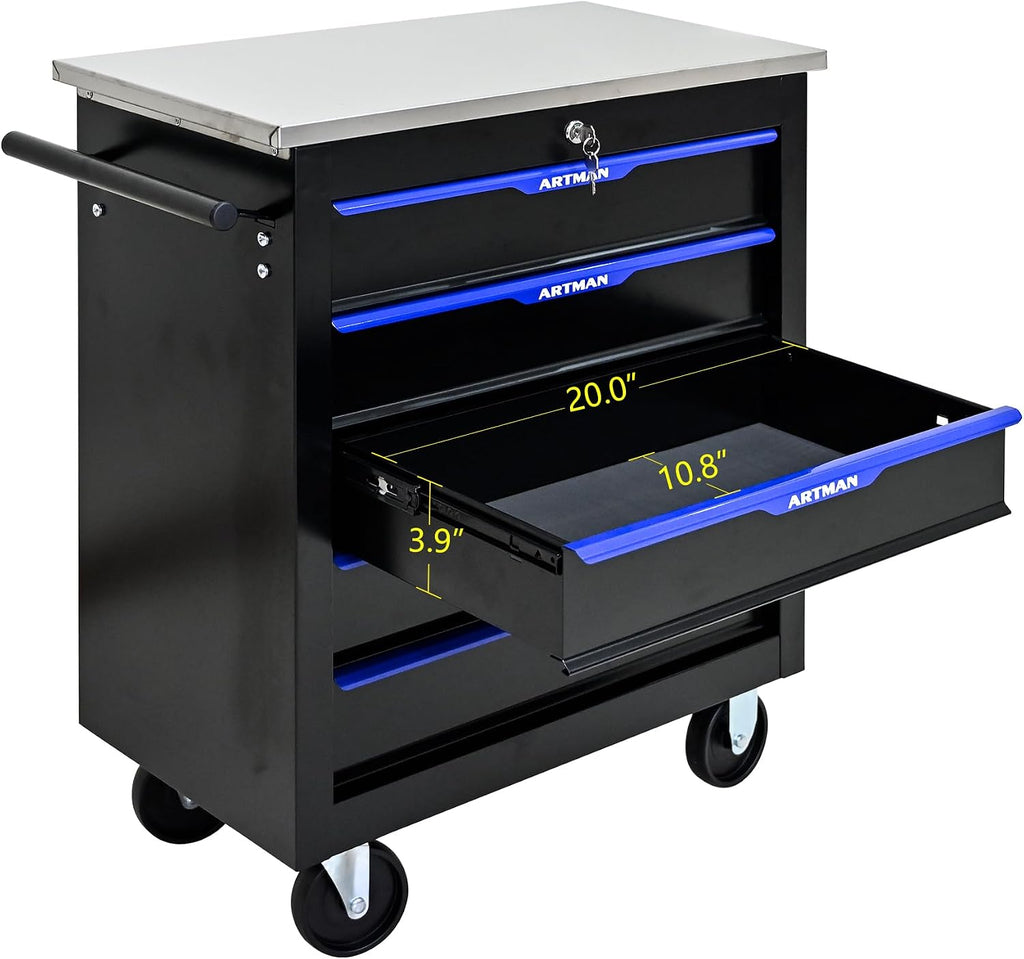 5 Drawers Rolling Tool Chest Cart PLUS ,Tool Storage Cabinet With 4 Wheels.Tool Cabinet Trolley With Locking System and Stainless Steel Countertops.Tool Storage Cart for Garage,Workshop,Warehouse