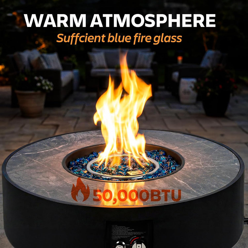 32' Outdoor Propane Fire Pit Table, 50,000 BTU Gas Fire Table with Tank Cover, Marble-Look Ceramic Top, Steel Lid, & Rain Cover, Round Patio Firepit for Backyard, Garden, Party