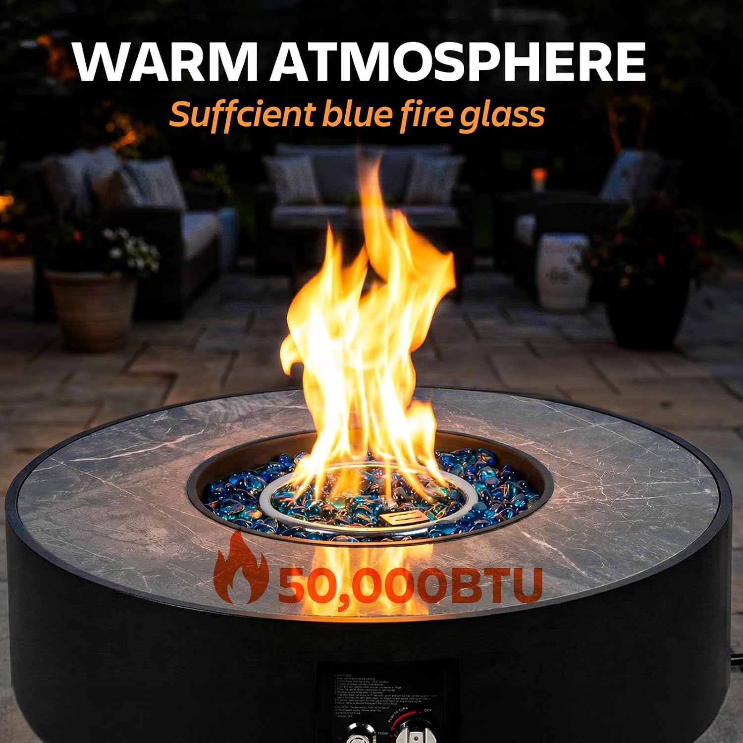 32' Outdoor Propane Fire Pit Table, 50,000 BTU Gas Fire Table with Tank Cover, Marble-Look Ceramic Top, Steel Lid, & Rain Cover, Round Patio Firepit for Backyard, Garden, Party
