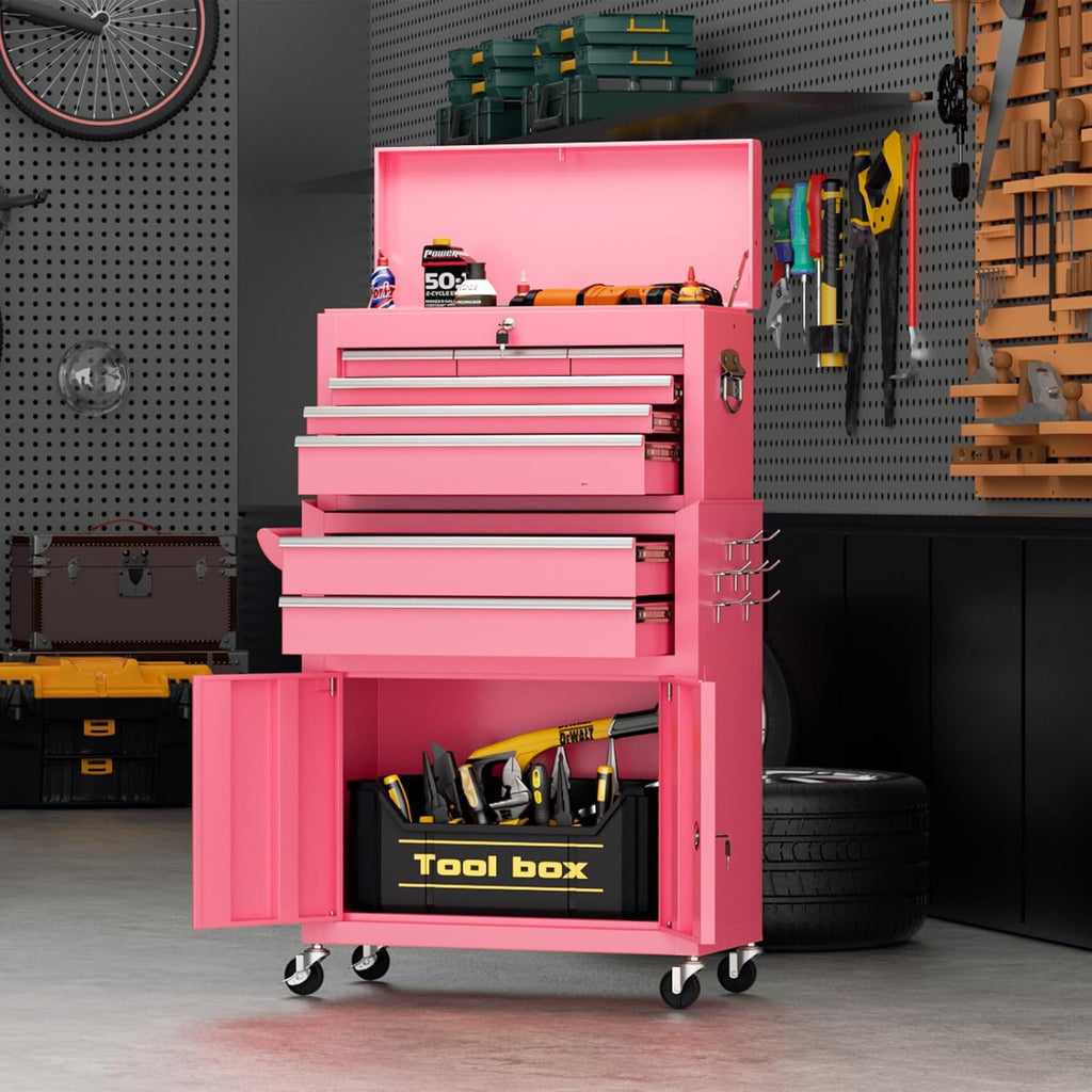 Superday Metal Tool Chest, 8 Drawer Rolling Tool Chest with Wheels, Detachable Tool Storage Cabinet with Lock for Garage, Steel Tool Cart with Liner & Hooks for Workshop, Warehouse (Pink)