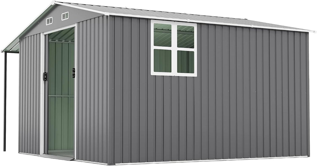 10x12 FT Outdoor Storage Shed with Sliding Lockable Doors&Windows, Extra Large Metal Shed with Dual-Zone Design, Galvanized Steel Utility Shed for Garden, Backyard,Tool Storage (Dark Gray, 10×12 FT)