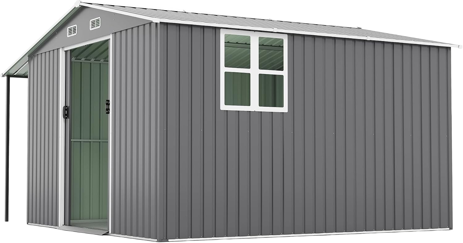 10x12 FT Outdoor Storage Shed with Sliding Lockable Doors&Windows, Extra Large Metal Shed with Dual-Zone Design, Galvanized Steel Utility Shed for Garden, Backyard,Tool Storage (Dark Gray, 10×12 FT)