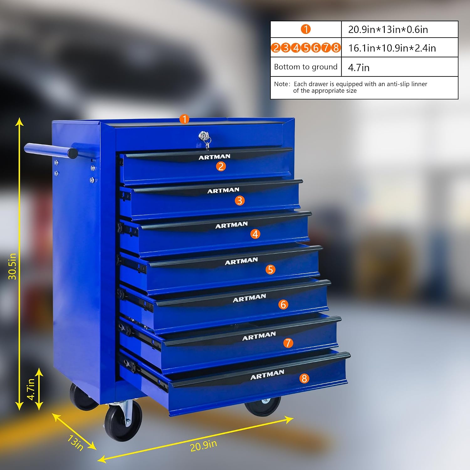 Rolling Tool Box with Wheels, Mechanics Tool Chest with 7 Drawers, Tool Box Organizer with 7 Tool Storage Boxes, Lockable Tool Storage Cabinet for Home Garage Workshop Warehouse Repair Shop, Blue