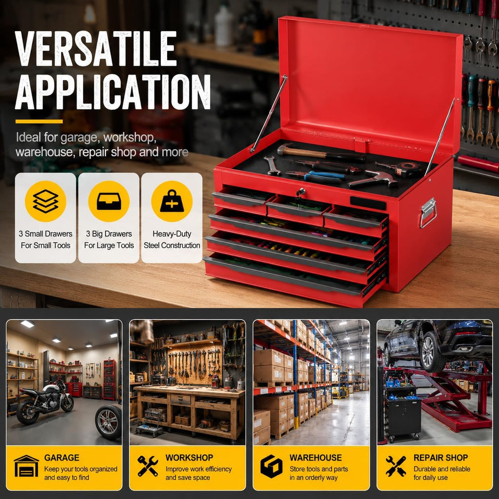 ARNOT Large Metal Tool Box, Tool Box with 6 Drawers & Top Tray, Heavy-Duty Steel Tool Chest with Auto-Locking Drawers and Side Handles for Garage & Workbench, Red