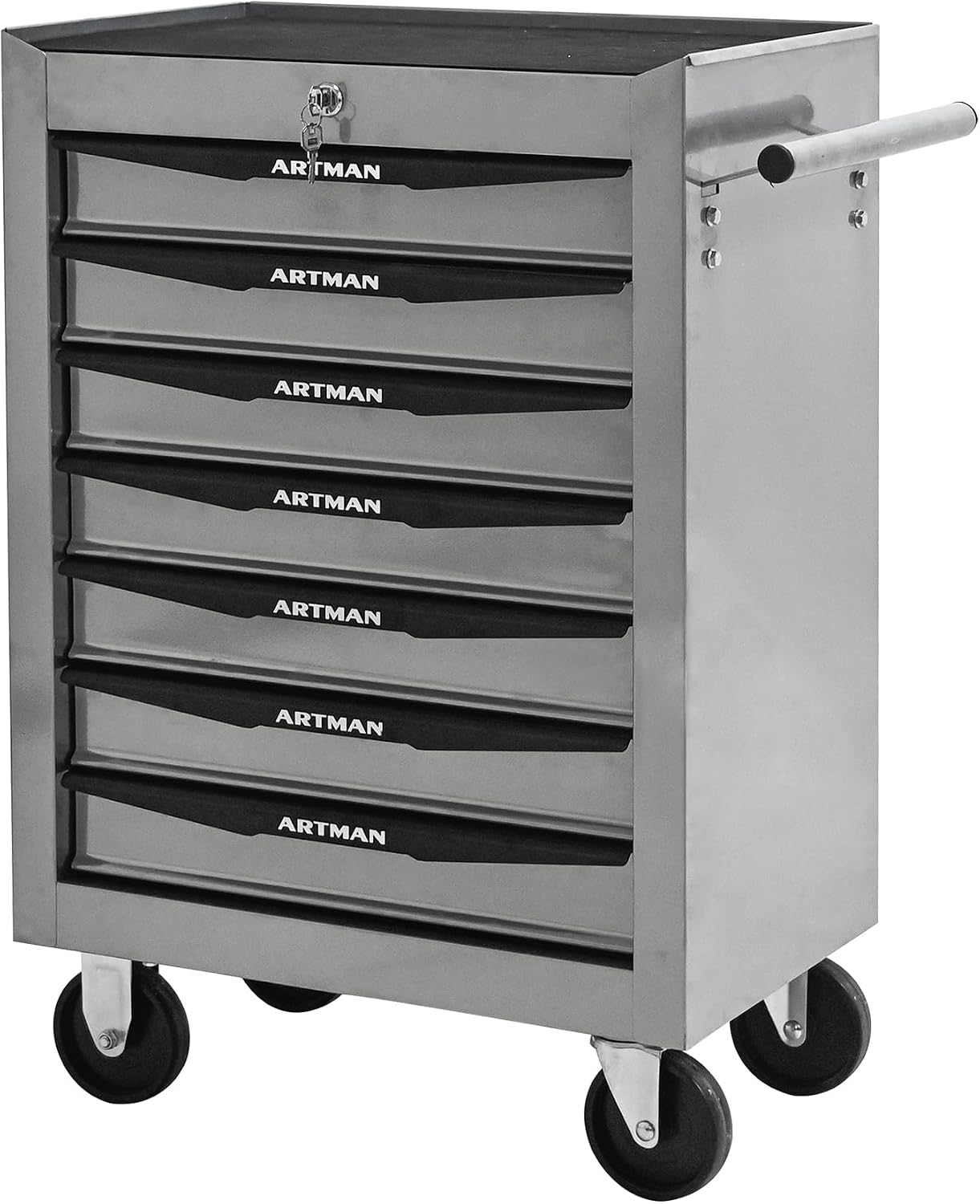 Rolling Tool Chest Cart with 7 Drawers,Storage Tool Cabinet on 4 Wheels. Lockable Tool Cart with Drawer Liners.Steel Tool Box Organizer for Garage,Repair Workshop-Silver