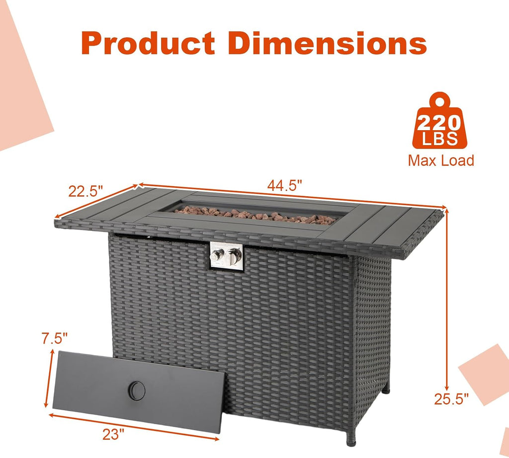 Tangkula 44.5 Inch Propane Fire Pit Table, Outdoor Rattan Gas Firepit with Metal Slatted Tabletop & Stainless Steel Burner, Rectangle Fire Pit with Lava Rocks & Protective Cover for Outside Patio
