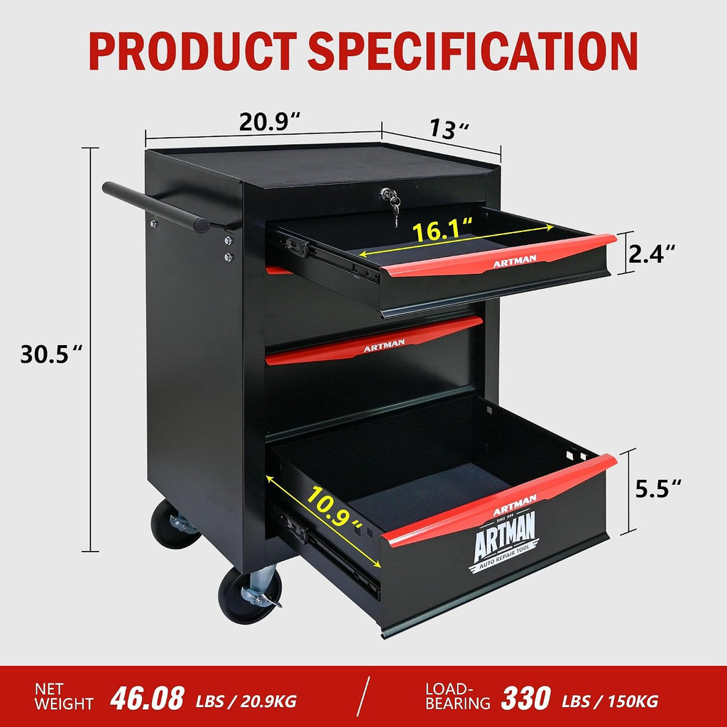 4 Drawers Tool Cart on Wheels, Multifunctional Rolling Tool Chest, Drawers Mobile Trolley Organizer Heavy Duty Tools Box with Locking Wheels & Ball Bearing Drawers (Black, 4 Drawers)