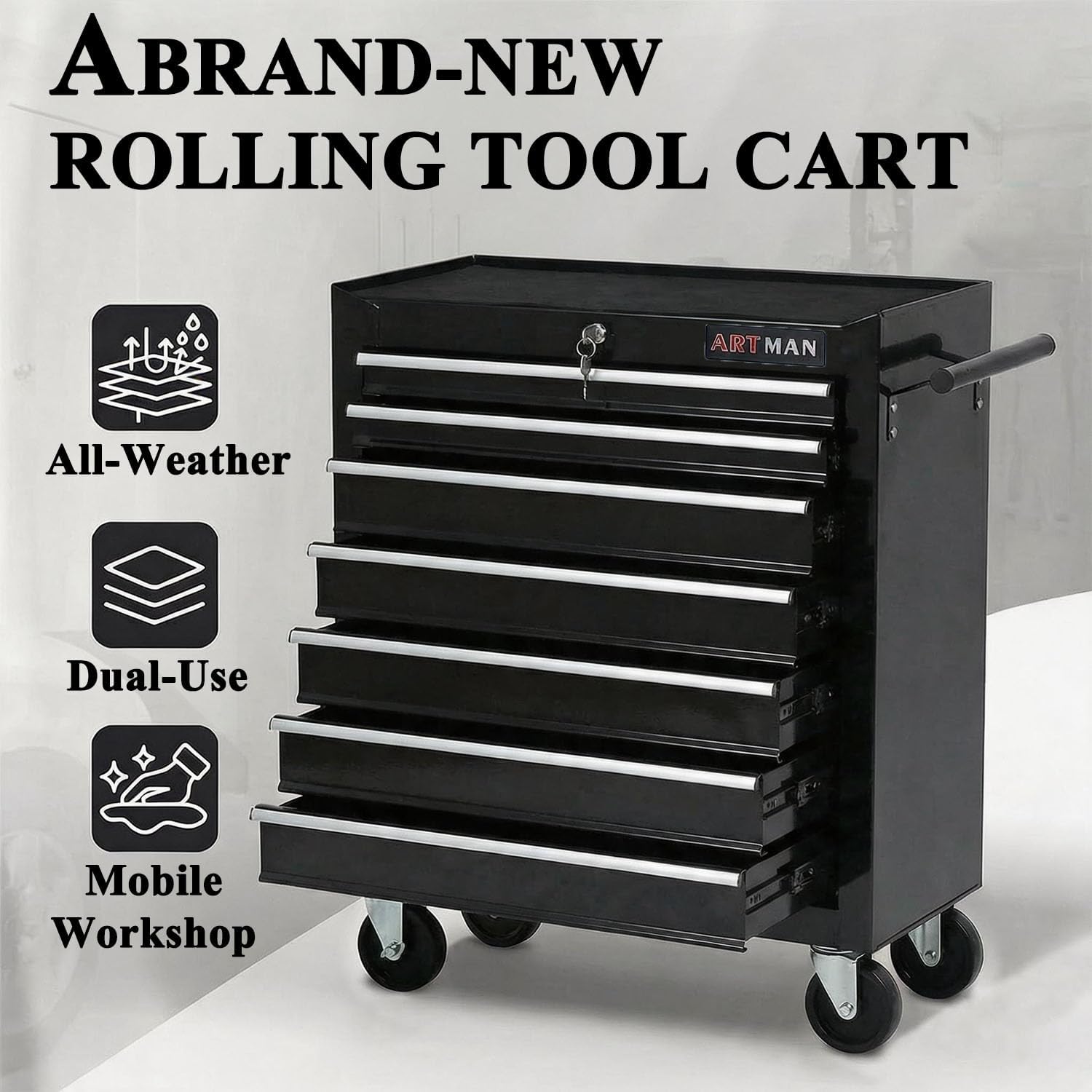 7 Drawers Tool Cart on Wheels,Multifunctional Rolling Tool Chest Tool Storage,Drawers Rolling Tool Trolley Organizer Tool Case for Garage,Warehouse,Workshop,Repair Shop (7 Drawers-Black)