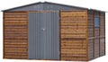8x10 FT Outdoor Tool Shed, Wood-Iron Combination Storage Shed with Ventilation, Weather-Resistant Roof, Lockable Doors & Wood Grain Finish for Backyard and Garden