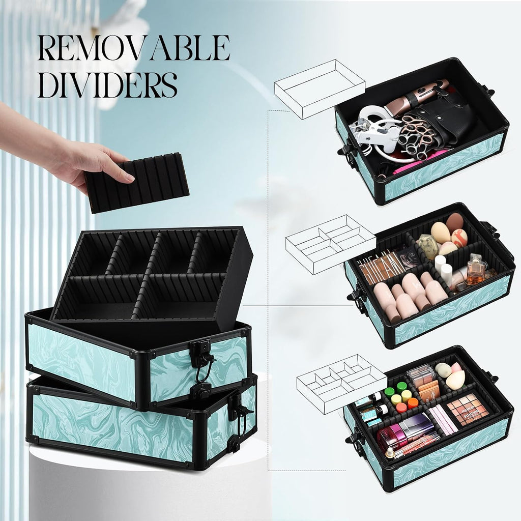 Yueieoun Rolling Makeup Case, 4 in 1 Makeup Case on Wheels, Professional Makeup Trolley, Cosmetic Train Case Makeup Cart Travel Trolley with Key for MUA, Hairstylists, Nail Tech, Turquoise Vitality