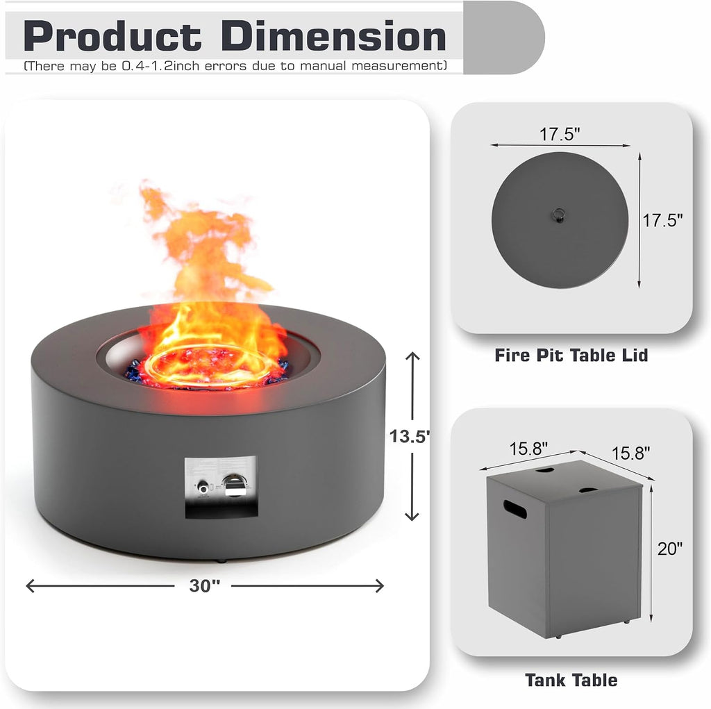 2-Piece 30' LED Round Propane Fire Pit for Outside Patio with Hidden Tank Table, 50,000 BTU Fireplaces with Lid, Glass Rocks, Cover(Dark Grey w/Golden Light)