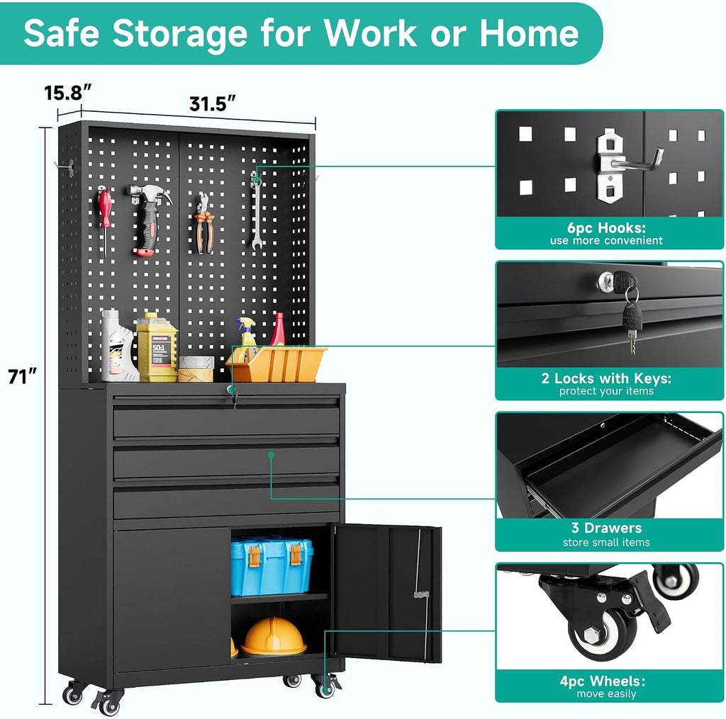 SISESOL Metal Storage Cabinet with Wheels and Drawers,Rolling Garage Storage Cabinet with Lock,Black Metal Tool Cabinet with Hooks,Tall Tool Cabinet on Wheels for Garage,Home,Office,Shop