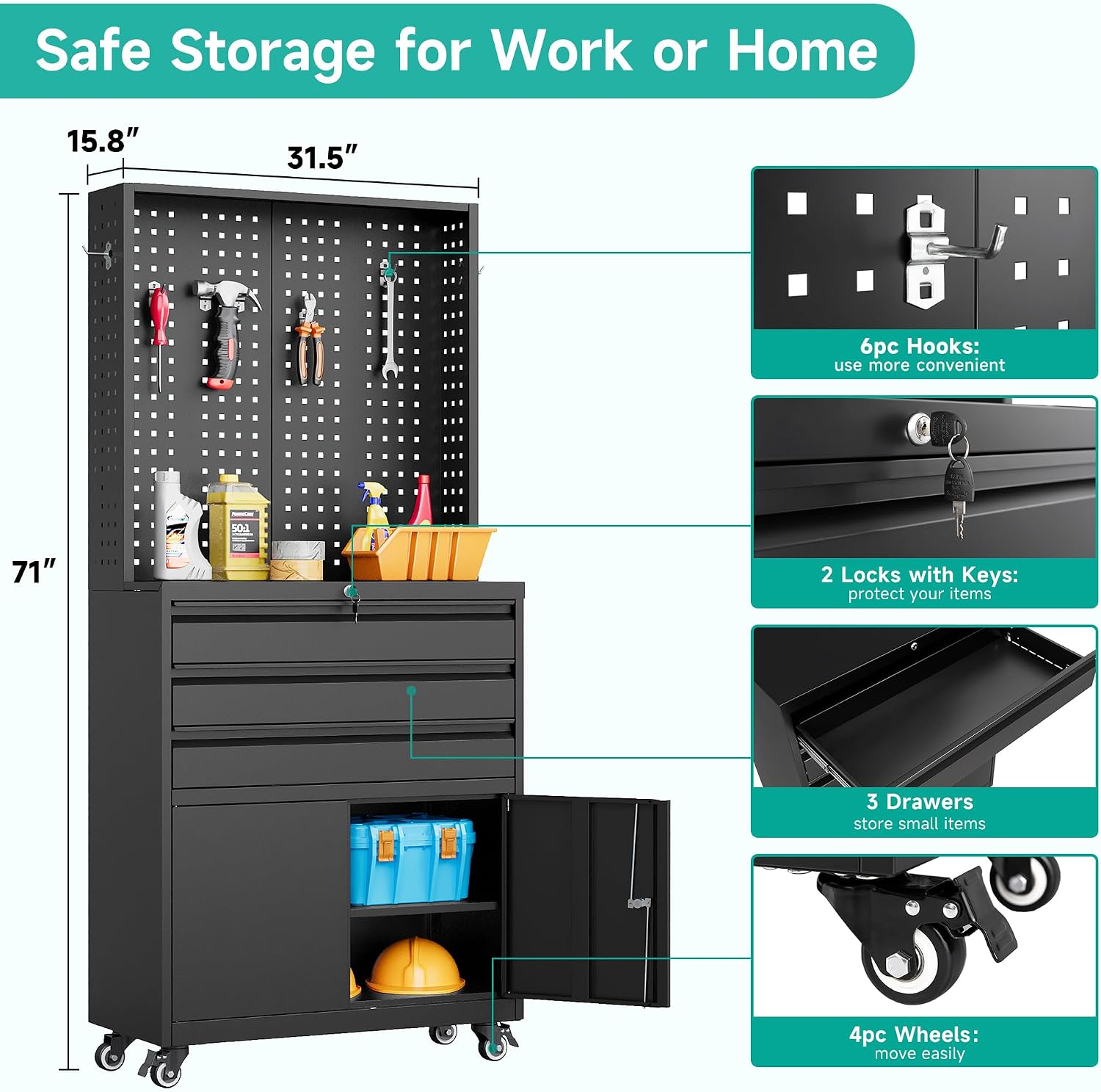 SISESOL Metal Storage Cabinet with Wheels and Drawers,Rolling Garage Storage Cabinet with Lock,Black Metal Tool Cabinet with Hooks,Tall Tool Cabinet on Wheels for Garage,Home,Office,Shop