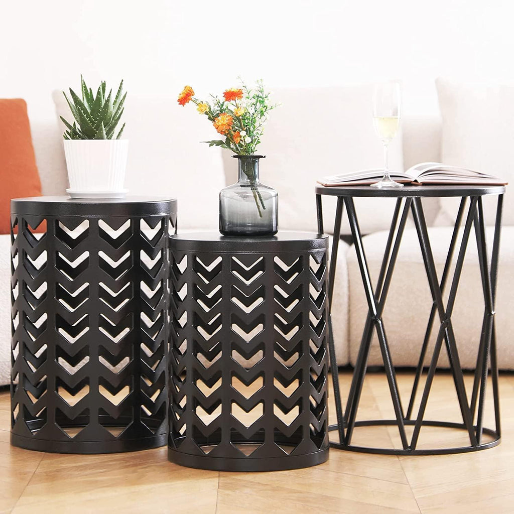 Y&M Set of 3 Black End Tables, Nesting Metal Round Coffee Table, Heavy Duty Meta Plant Stand Decorative Garden Stool, Outdoor Multifunctional Use