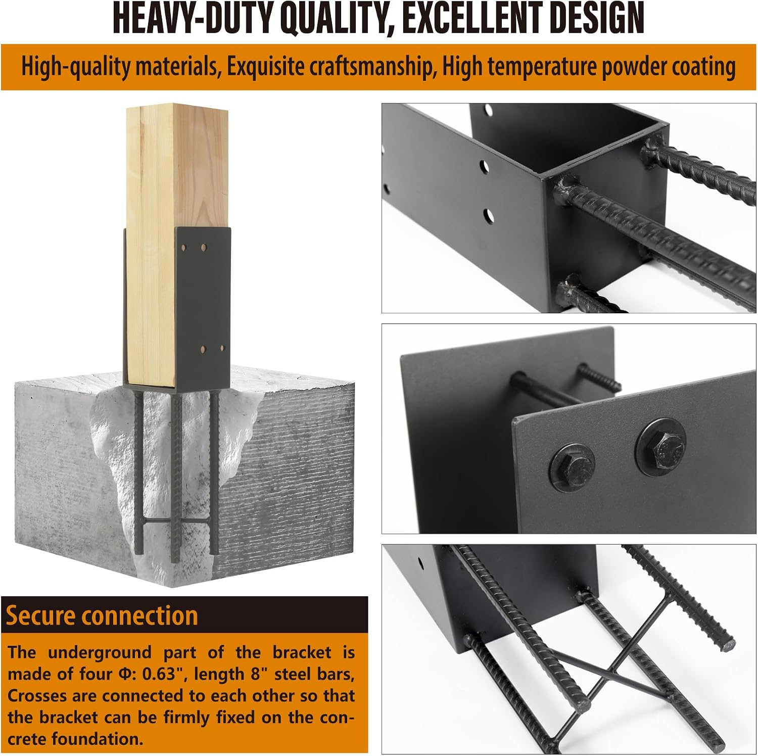 4 Pack Heavy Duty Stainless Steels U-Shape 4'x4'(Actual 3.5'x3.5') Wet Concrete Fence Post Holder, Psot Base, for Fence, Deck Railing, Pergola Wood Post Bracket Anchor (Dark Grey)