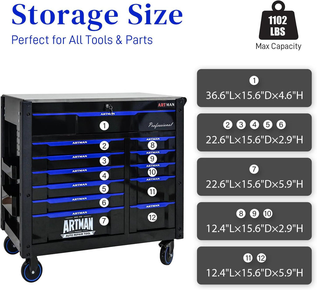 Heavy Duty Rolling Tool Chest with 12-Drawer Tool Cart Mechanic Tool Box with Wheels Tool Storage Cabinet Mobile Workbench Tool Bench for Garage, Workshop, Warehouse, Repair Shop, Iron Top