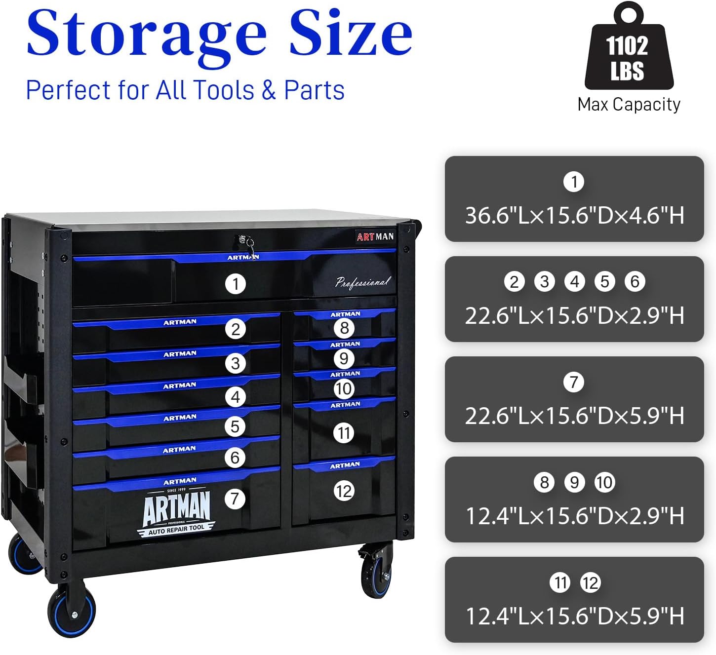 Heavy Duty Rolling Tool Chest with 12-Drawer Tool Cart Mechanic Tool Box with Wheels Tool Storage Cabinet Mobile Workbench Tool Bench for Garage, Workshop, Warehouse, Repair Shop, Iron Top