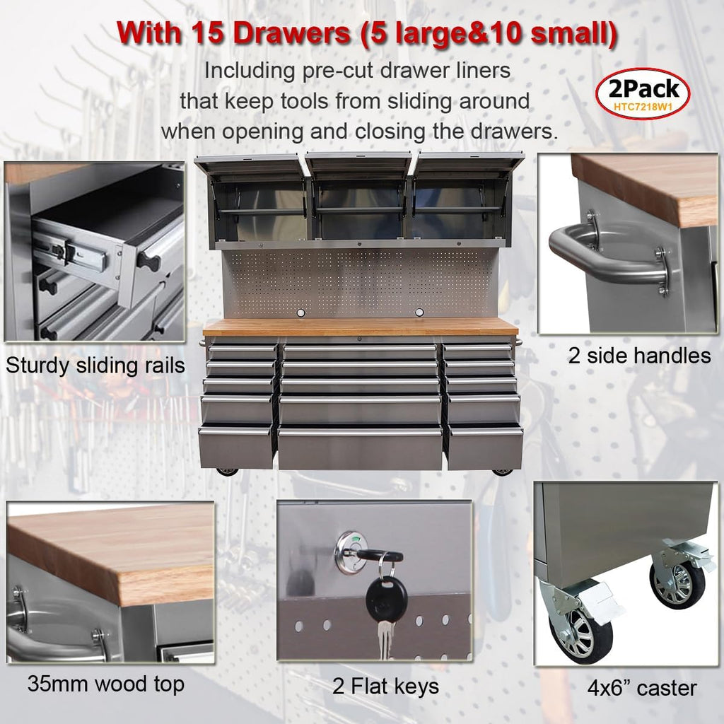 2 Pack - 72' Stainless Steel Rolling Tool Chest with 15 Drawers + 3 Upper Cabinets, Assembled Tool Box, Large Mobile Workbench, Lockable Storage Cabinet with Wheels for Garage Workshop (2 × HTC7218W1)