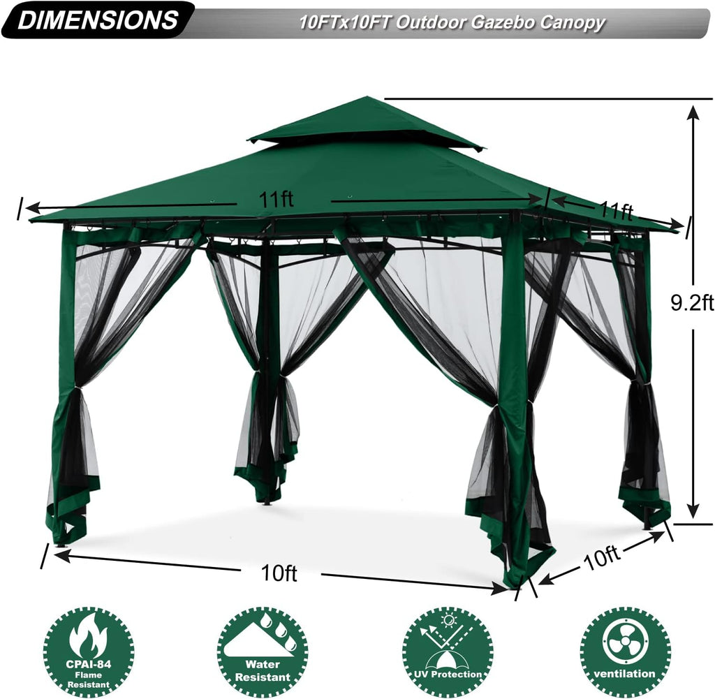 ABCCANOPY Gazebos for Patios 10x10 - Outdoor Steel Frame Gazebo with Mosquito Netting for Lawn Backyard Garden Deck (Forest Green)
