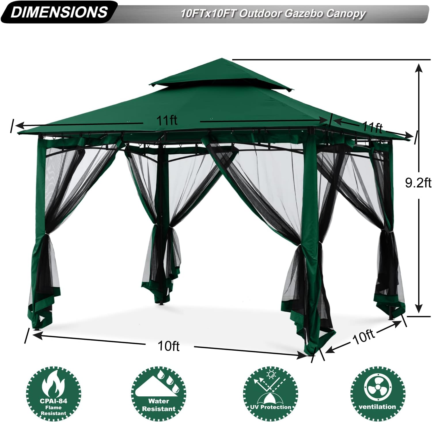 ABCCANOPY Gazebos for Patios 10x10 - Outdoor Steel Frame Gazebo with Mosquito Netting for Lawn Backyard Garden Deck (Forest Green)