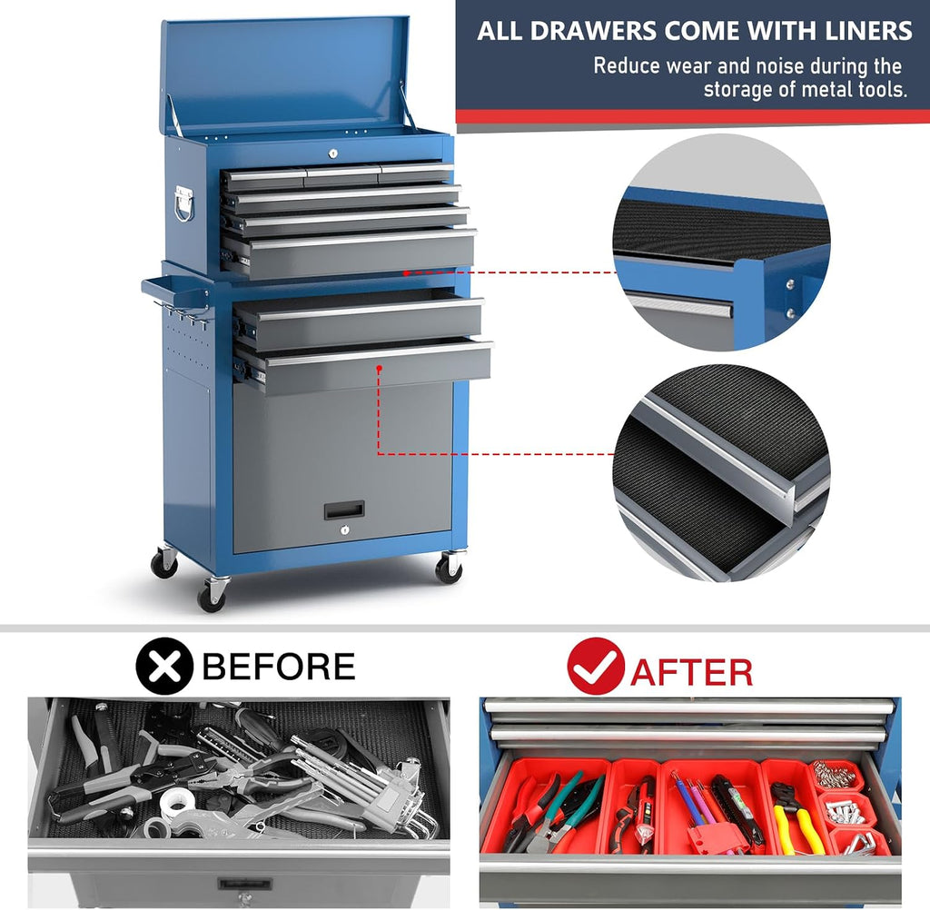 Tool Chest 8-Drawer | 42'' Large Rolling Tool Chest with Wheels | Detachable Top Metal Tool Box | Garage Storage Cabinet for Repair Room,Warehouse | Rolling Tool Box with Hooks,Liners,Tray Divider