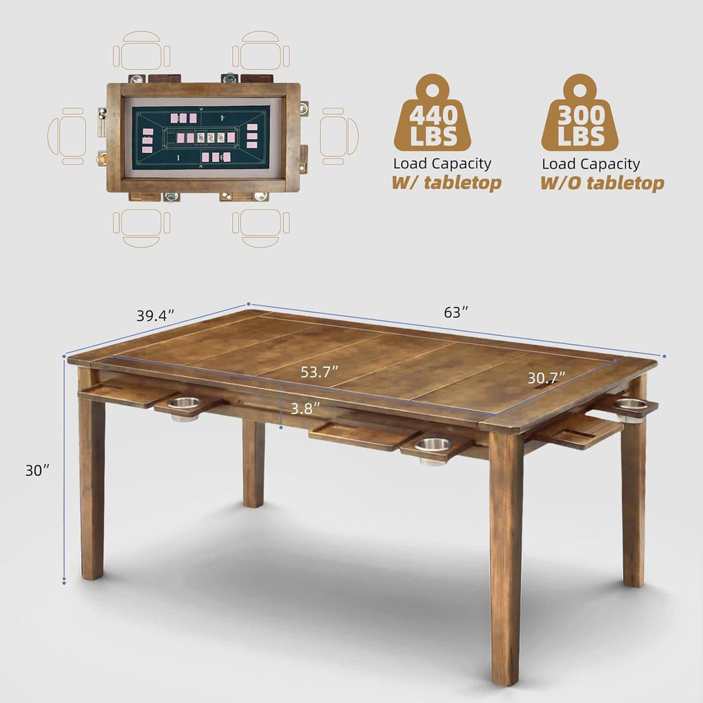 Coperat Solid Wood Board Game Table for 4-6 Players,Dining/Gaming Table w/ 54'x31' Big Gaming Space and Removable Top,Includes Game Mat, 6 Cup Holders & Hobby Tray, Light Walnut