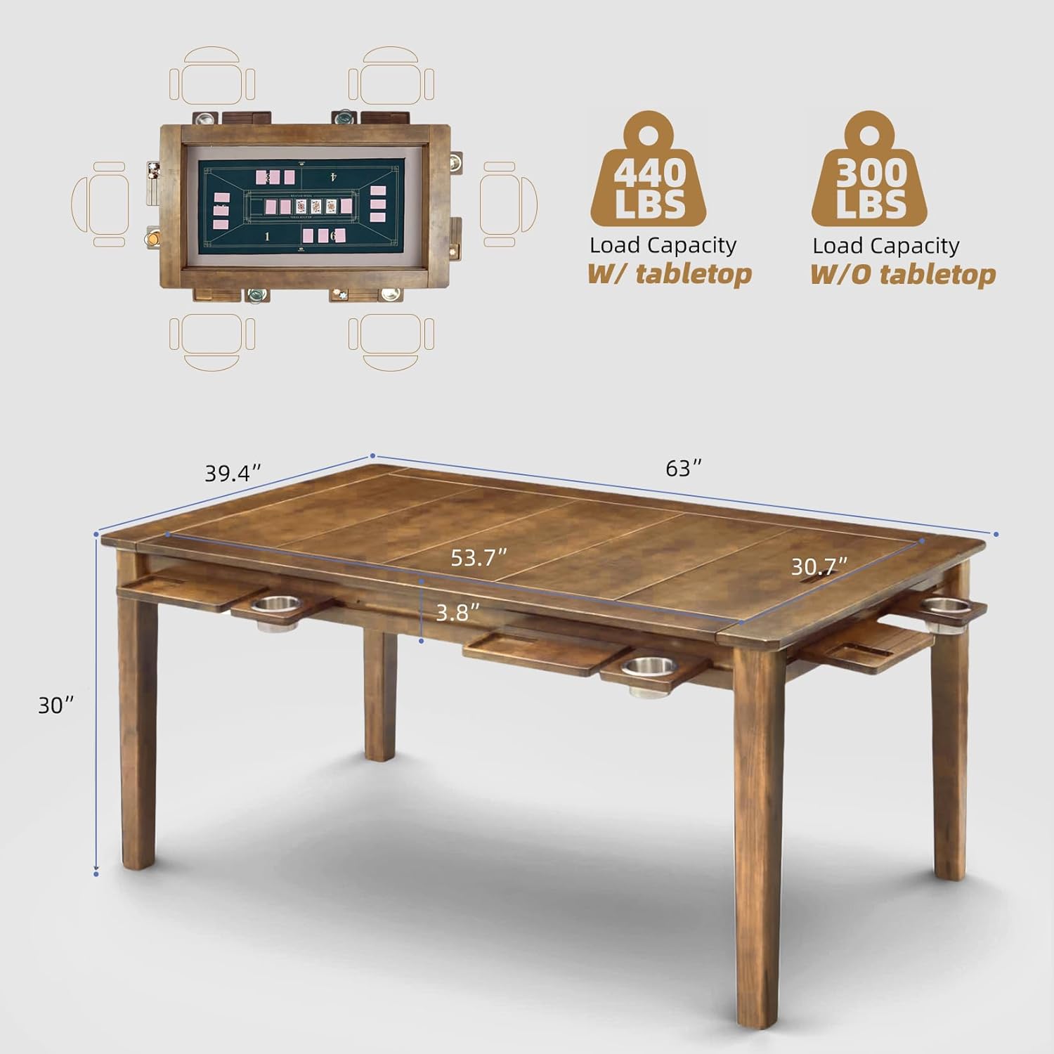Coperat Solid Wood Board Game Table for 4-6 Players,Dining/Gaming Table w/ 54'x31' Big Gaming Space and Removable Top,Includes Game Mat, 6 Cup Holders & Hobby Tray, Light Walnut