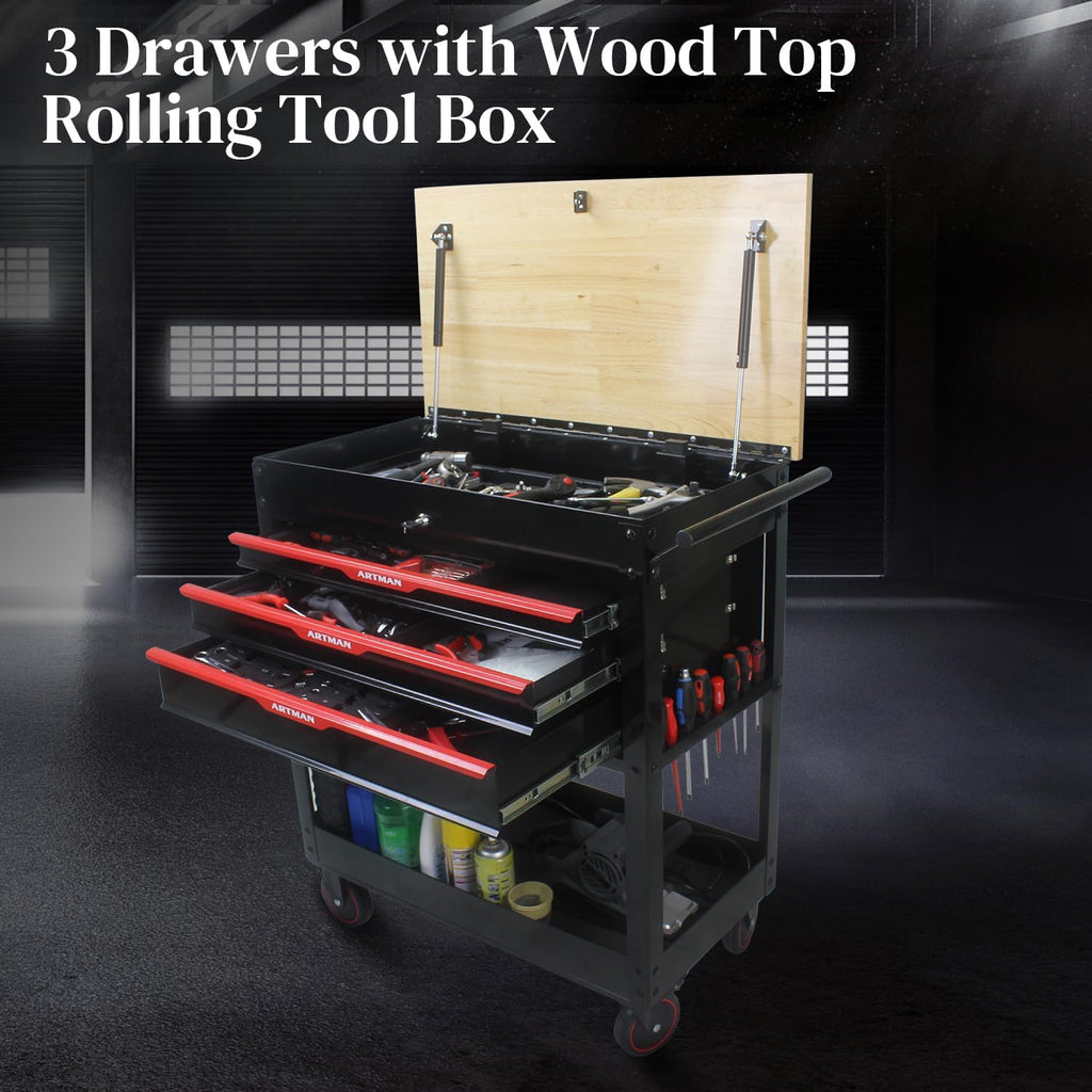 Rolling Tool Cart with 3-Drawer Utility Tool Box with Wheels Wood Top Mechanic Tool Storage Organizer Cabinet for Garage, Warehouse, Workshop, Repair Shop - Red